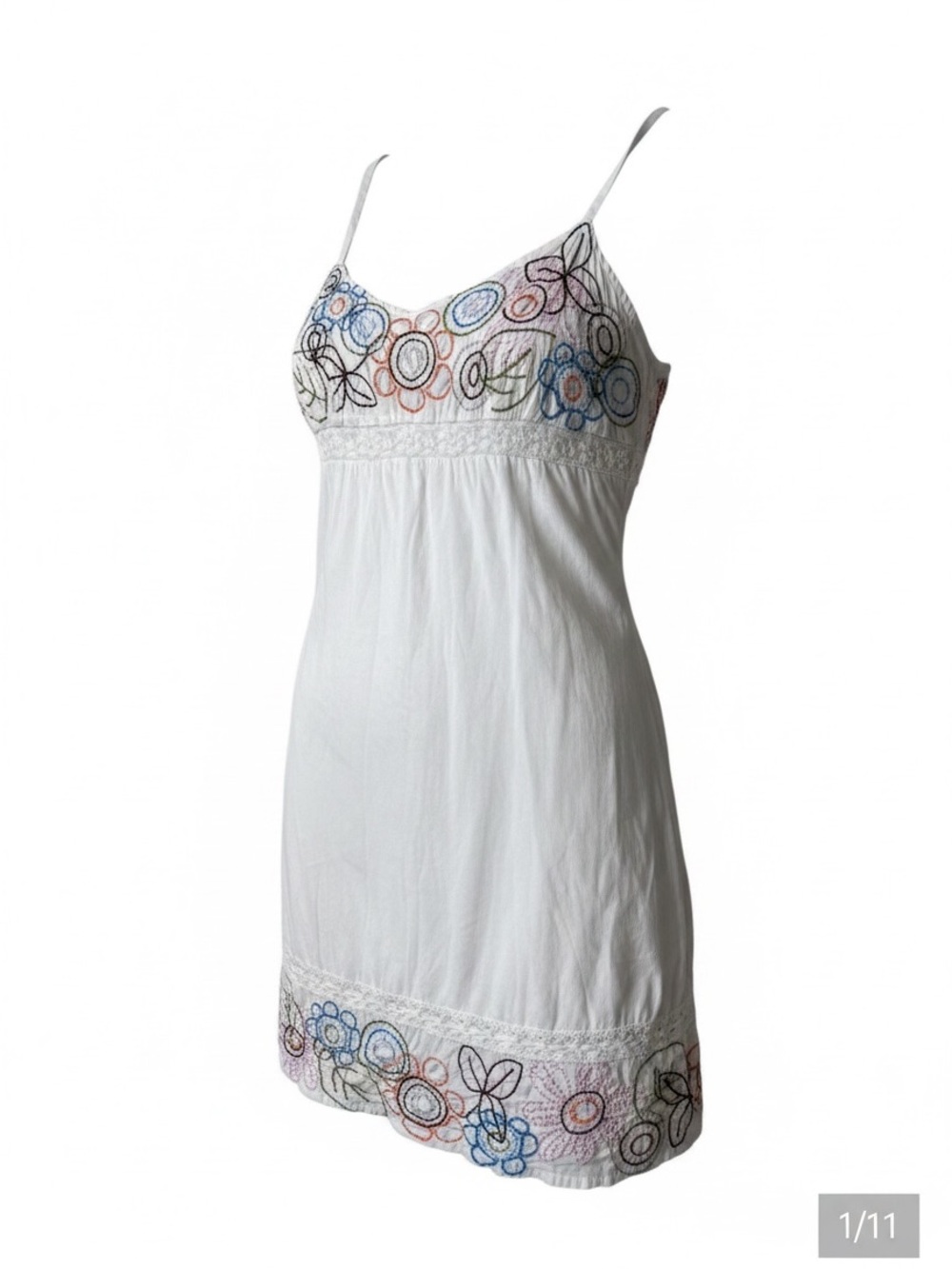 Mantra Organic Cotton Boho Floral Embroidered Mini Dress White Lace Sleeveless